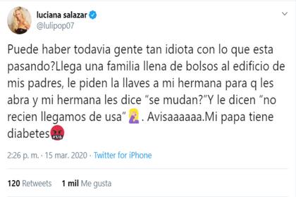 El primer tuit de Luli Salazar de la tarde del domingo.