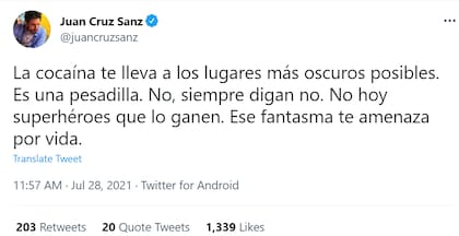 El primero de los tuits con los que Juan Cruz Sanz se solidarizó con Santiago "Chano" Moreno Charpentier