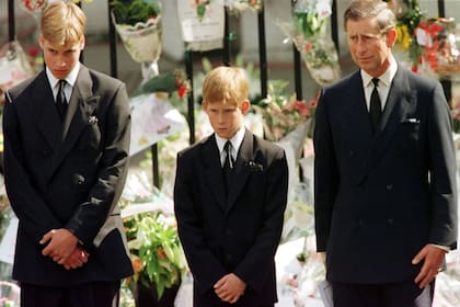 El príncipe Carlos, el príncipe Harry y el príncipe William de Gran Bretaña durante la despedida de Lady Di