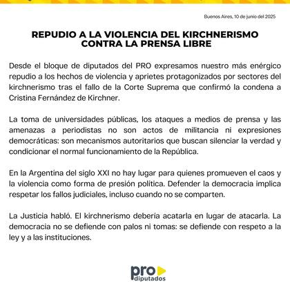 El PRO Diputados compartió el comunicado vía red social "X"