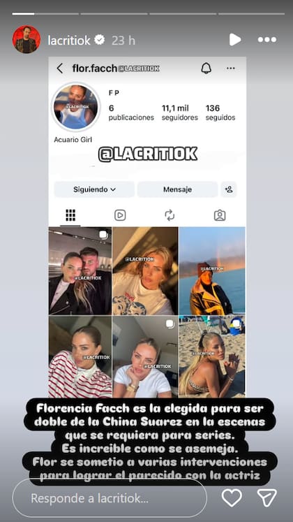 El productor de A la Tarde confirmó que Florencia Facch sería la doble de la China Suárez