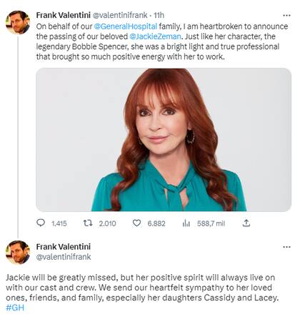 El productor ejecutivo de General Hospital dio a conocer la muerte de Jacklyn Zeman