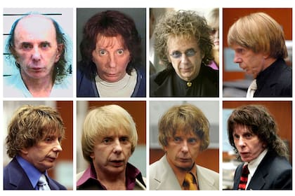 El productor musical Phil Spector aparece con una variedad de pelucas durante su juicio por asesinato en esta imagen combinada hecha a partir de fotos de archivo. Spector murió el sábado 16 de enero de 2021, a los 81 años
