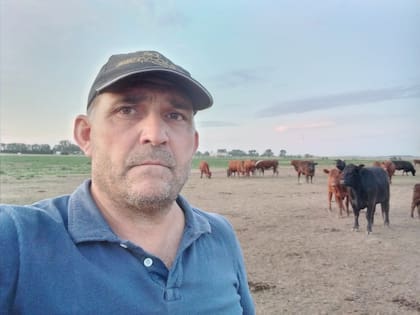 El productor Román Gutiérrez, de la zona de Pergamino: dejó que las vacas se coman una soja afectada por la sequía