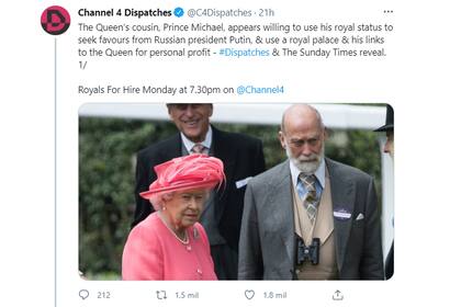 El programa televisivo Channel 4 Dispatches publicó un fragmento de la charla con el príncipe Michael, donde aceptó vender sus servicios como miembro de la realeza