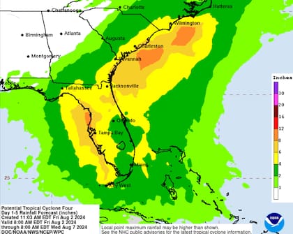 El pronóstico de precipitación acumulada en el sureste de EE.UU. por la llegada del ciclón tropical Debby