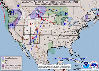 El pronstico del clima en EE.UU. para este sbado 16 de noviembre, segn el Servicio Nacional de Meteorologa