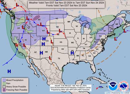 El pronóstico del Servicio Meteorológico Nacional en EE.UU. para el sábado 23 de noviembre de 2024