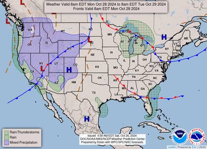 El pronóstico del tiempo en EE.UU. para el lunes 28 de octubre