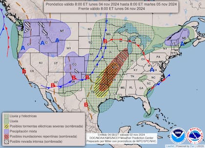 El pronóstico del tiempo en EE.UU. para el lunes 4 de noviembre