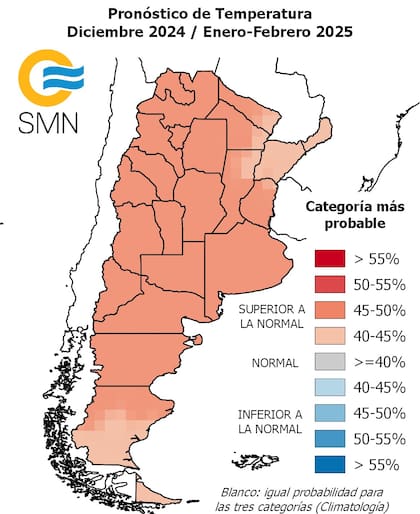 El pronóstico trimestral de temperatura; el tono de rojo muestra qué tan probable es que haya temperaturas más elevadas de lo normal