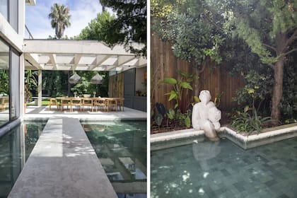 El proyecto de Bibiana Valeiras integra agua y arquitectura con delicadeza. A la pileta principal se suma un espejo de agua lateral atravesado por un puente.
Todo está revestido en piedra Bali, que aporta resistencia y textura natural, mientras que el paisajismo selvático de Eugenia Anaya suaviza las rectas de la construcción. Escultura de Manuel de Francesco