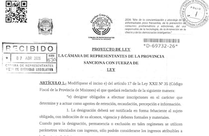 El proyecto de Ley propone modificar los artículos 17° y 161° del Código Fiscal de Misiones. LLA y la oposición cuentan con minoría, ya que el oficialismo controla al menos 21 de los 40 legisladores del unicameral provincial.