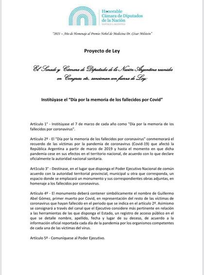 El proyecto de ley propone que el día para conmemorar a los muertos por coronavirus en el país sea el 7 de marzo, cuando murió, en 2020, Guillermo Abel Gómez, la primera víctima argentina