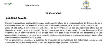 El proyecto de repudio presentado por el Frente de Todos después del baile de la hija de Suárez en la residencia oficial