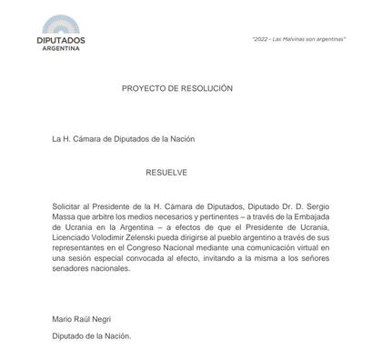El proyecto de resolución del diputado Mario Negri