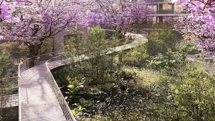El proyecto ocupa casi toda la manzana y tiene un jardín de dos niveles conectados por una rampa