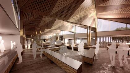 Render del proyecto para un mercado de productos frescos en las afueras de Moscú, desarrollado por el estudio de arquitectura argentino Aporía