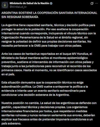 El publicado del Ministerio de Salud contra la Organización Mundial de la Salud (OMS)