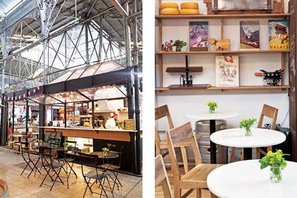 El puesto de Je Suis Raclette se ubicó en el sitio de una antigua chanchería, tomando elementos de la estructura original como las arcadas de hierro