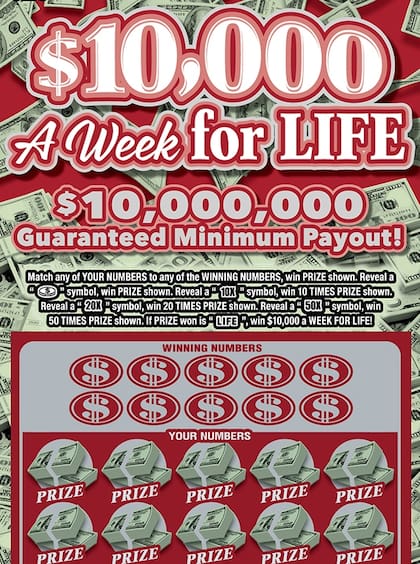 El raspadito “$10,000 A Week for Life” tiene varias opciones de premios