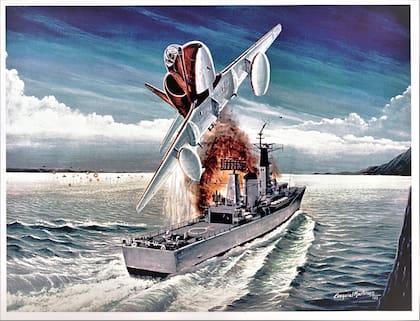 El realismo del reconocido y afamado pintor aeronáutico Exequiel Martínez. Así retrató, en una pintura al óleo, el ataque a la fragata HMS Argonaut. (Gentileza de  www. exequielmartinez.com.ar)