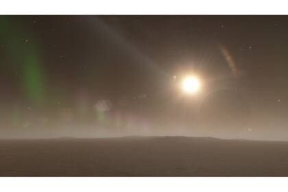 El realismo fotográfico de Space Engine: el paisaje de una luna de algún gigante joviano en una galaxia lejana, con una estrella gigante roja al atardecer