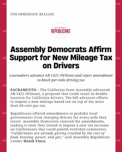 El rechazo del bloque republicano de la Asamblea de California al proyecto de ley sobre un impuesto al millaje