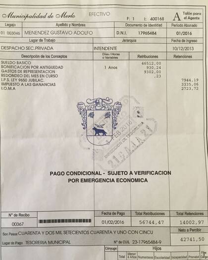 El recibo de sueldo de Gustavo Menendez