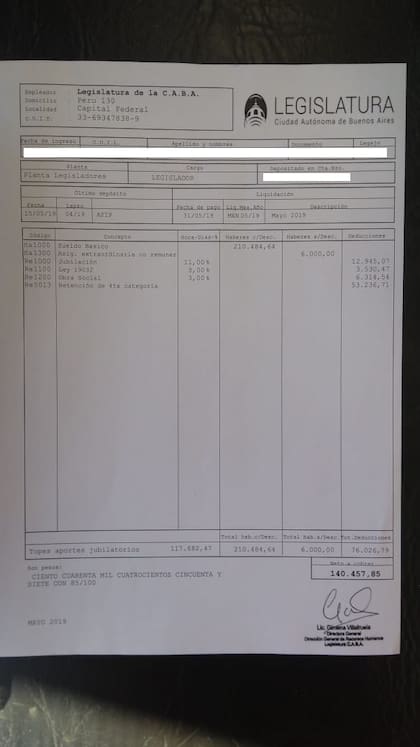 El recibo de sueldo de la legislatura porteña