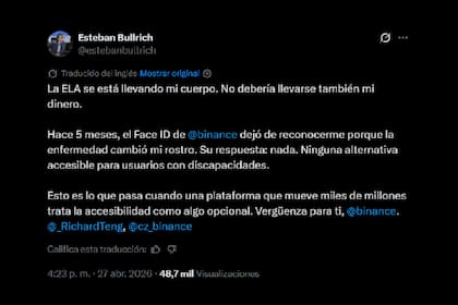 El reclamo de Esteban Bullrich a Binance en la red social X
