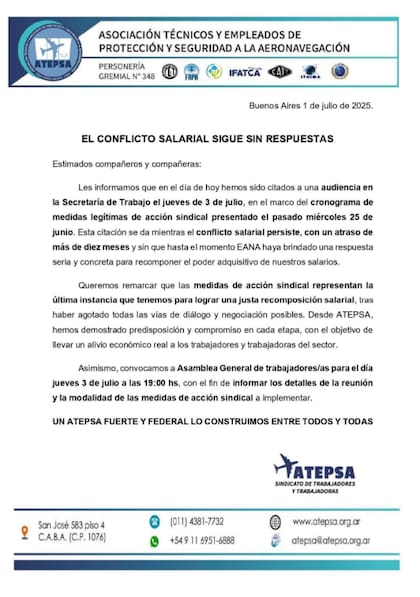 El reclamo de la Asociación Técnicos y Empleados de Protección y Seguridad a la Aeronavegación