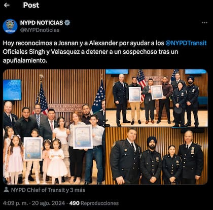 El reconocimiento del Departamento de Policía de Nueva York a los dos inmigrantes venezolanos que ayudaron a detener a un agresor