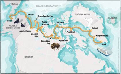 El recorrido del crucero, desde Groenlandia hasta Alaska en 24 días.