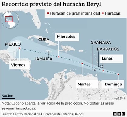 El recorrido del huracán Beryl.