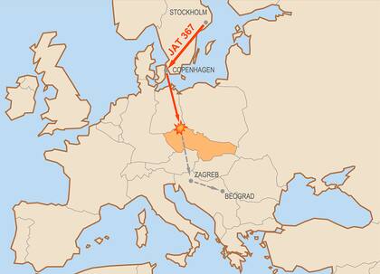 El recorrido del vuelo 367 de JAT que cayó en República Checa