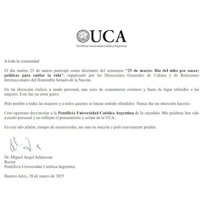 El rector de la UCA pidió perdón a "todas las mujeres y a todos quienes se hayan sentido ofendidos"