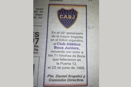 El recuerdo oficial que hizo Boca en 2018, a medio siglo del desastre de la puerta 12 tras un 0-0 en un superclásico.