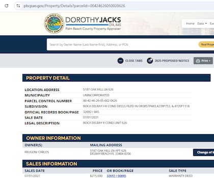 El registro de una propiedad a nombre de Frugoni en Palm Beach, Florida, Estados Unidos