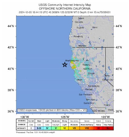 El registro del USGS de la intensidad del sismo en California del 5 de diciembre de 2024