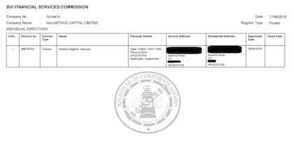 El registro en el que consta que Andrés Vázquez es director de la sociedad Galanthus Capital LTD, con sede en las Islas Vírgenes Británicas