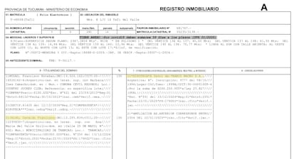 El registro inmobiliario que da cuenta de la compra de la propiedad de Jaldo en Tafí del Valle