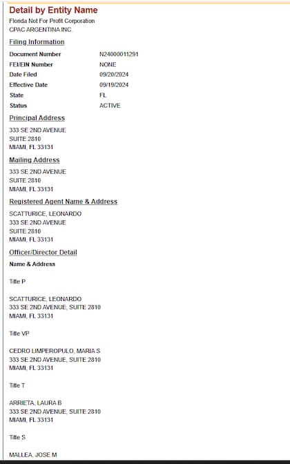 El registro oficial del Estado de Florida donde figura la creación de CPAC Argentina Inc., a nombre de Leonardo Scatturice y con Laura Arrieta como directiva