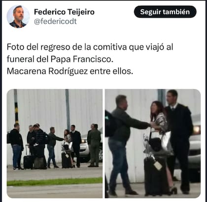 El regreso de Macarena Rodríguez de su viaje a Roma con la delegación de Javier Milei