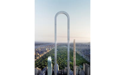 El render del proyecto del "Big Bend", el edificio de Nueva York que sería el de mayor longitud del mundo, aunque en forma de U invertida (Oiio Studio)