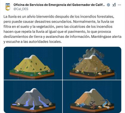 El reposteo del Gobernador de California donde alerta sobre posibles inundaciones y desprendimientos