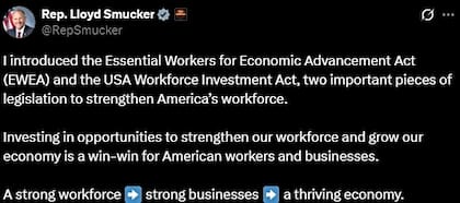 El representante Lloyd Smucker ha reintroducido una legislación para fortalecer la fuerza laboral estadounidense