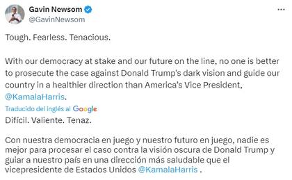 El respaldo de Gavin Newsom a la postulación de Kamala Harris