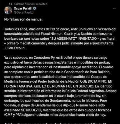 El resposteo de Cristina Kirchner a Parrilli