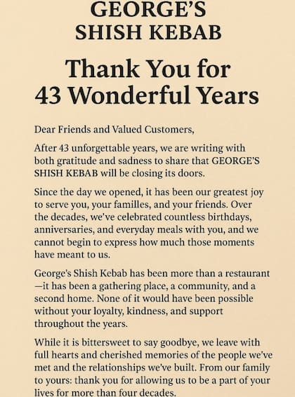El restaurante se mostró agradecido con su clientela por formar parte de su historia durante más de cuatro décadas